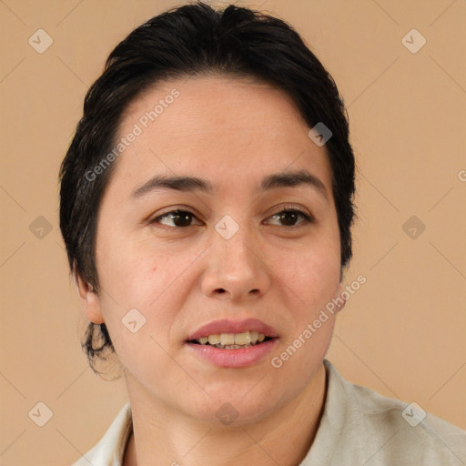 Joyful white young-adult female with medium  brown hair and brown eyes