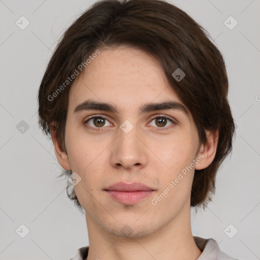 Neutral white young-adult male with short  brown hair and brown eyes