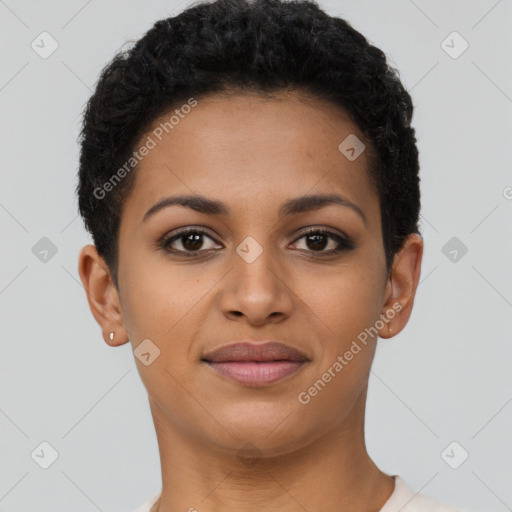 Joyful latino young-adult female with short  brown hair and brown eyes