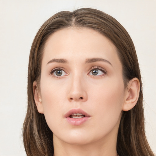 Neutral white young-adult female with long  brown hair and grey eyes