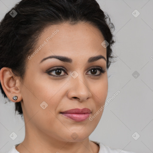 Joyful latino young-adult female with medium  brown hair and brown eyes