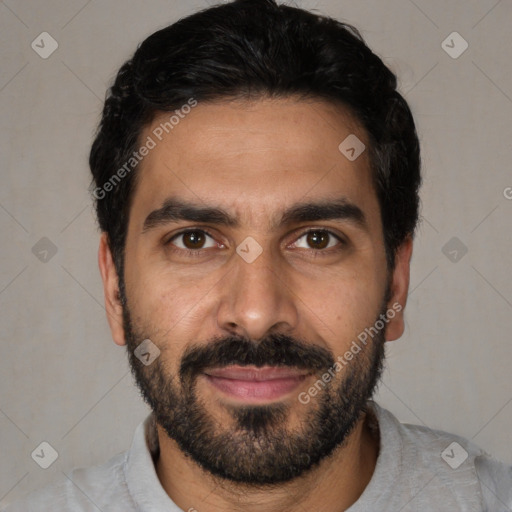 Joyful white young-adult male with short  black hair and brown eyes