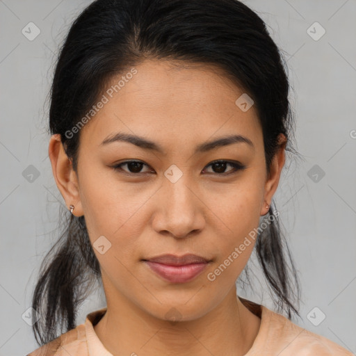 Joyful asian young-adult female with medium  brown hair and brown eyes