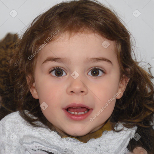 Joyful white child female with medium  brown hair and brown eyes