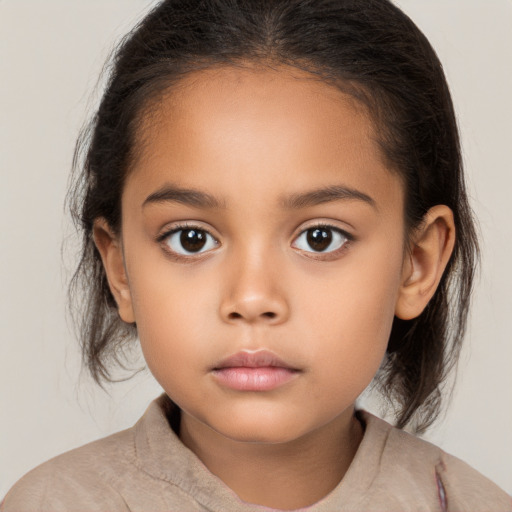 Neutral latino child female with medium  brown hair and brown eyes