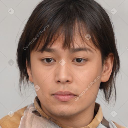 Neutral asian young-adult female with medium  brown hair and brown eyes