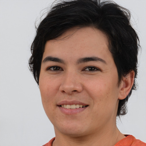 Joyful asian young-adult male with short  brown hair and brown eyes