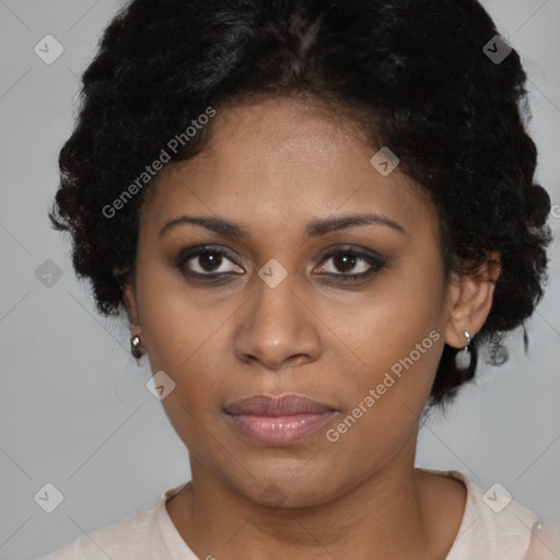 Joyful latino young-adult female with short  black hair and brown eyes