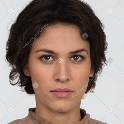 Neutral white young-adult female with short  brown hair and brown eyes