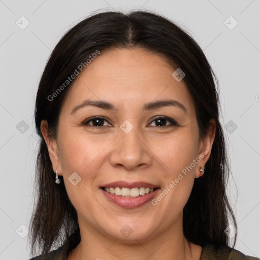 Joyful white adult female with medium  brown hair and brown eyes