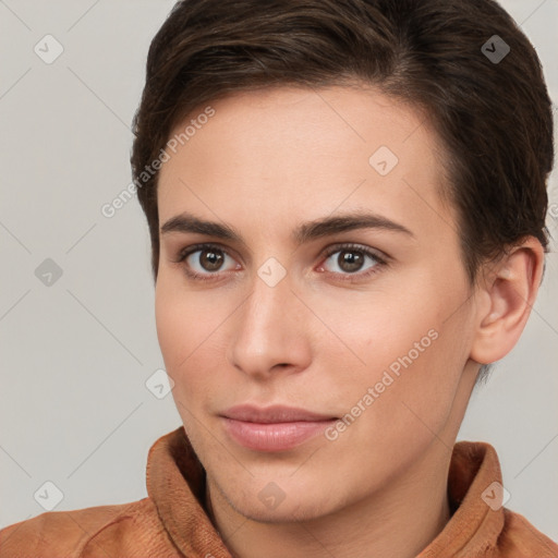 Neutral white young-adult female with short  brown hair and brown eyes