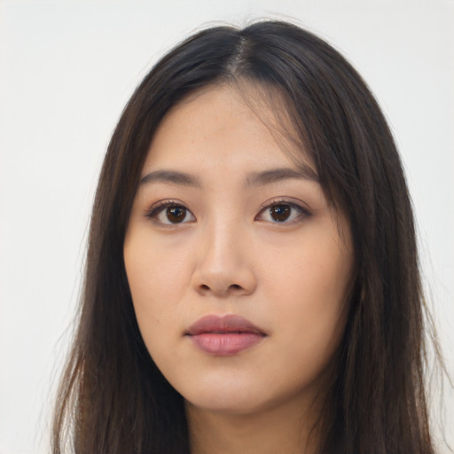 Neutral asian young-adult female with long  brown hair and brown eyes