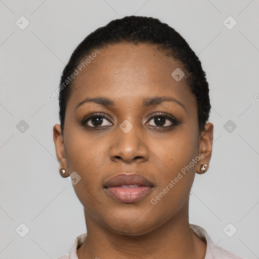 Neutral black young-adult female with short  black hair and brown eyes