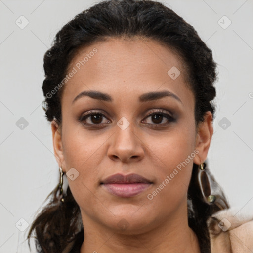 Joyful latino young-adult female with short  brown hair and brown eyes