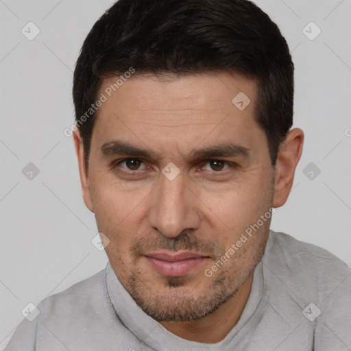 Neutral white adult male with short  brown hair and brown eyes