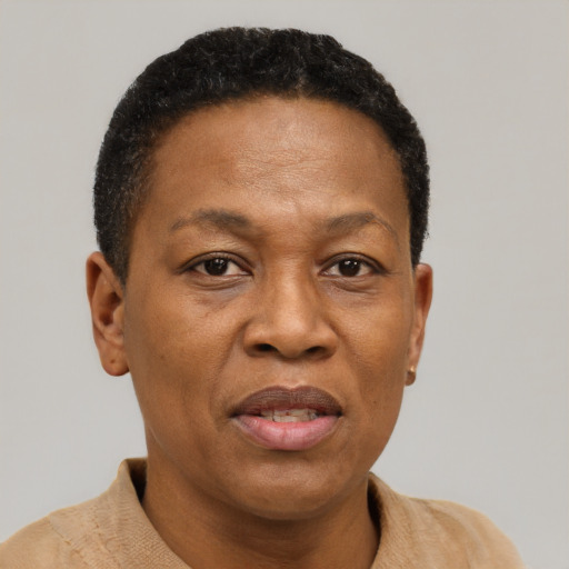 Joyful black adult female with short  brown hair and brown eyes