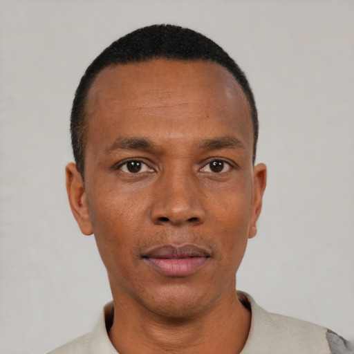 Neutral black adult male with short  black hair and brown eyes