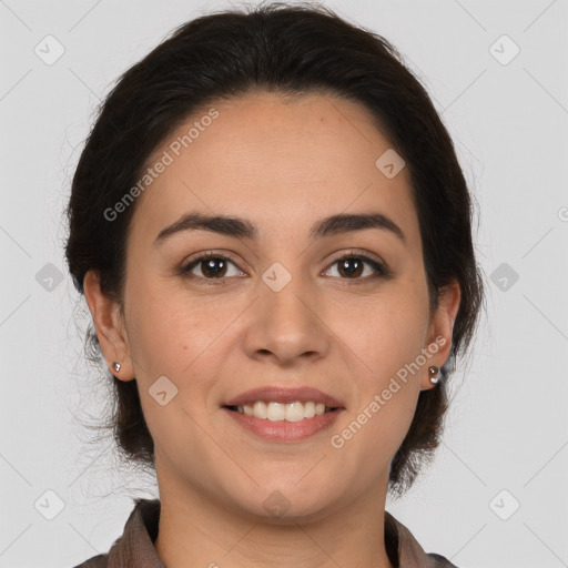 Joyful white young-adult female with medium  brown hair and brown eyes