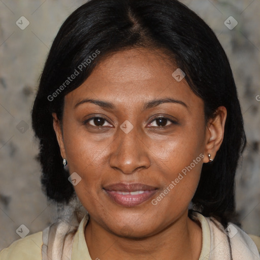 Joyful asian adult female with medium  brown hair and brown eyes