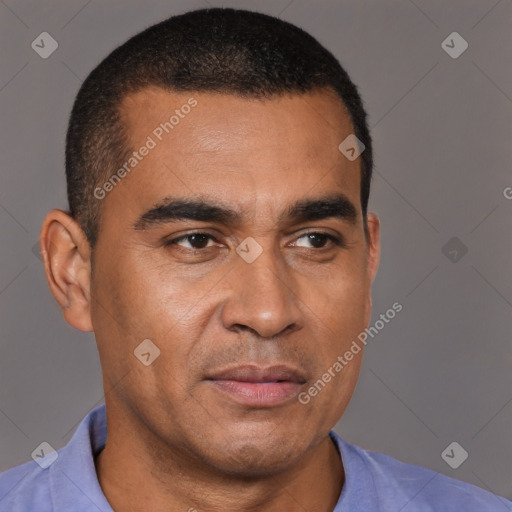 Joyful latino young-adult male with short  brown hair and brown eyes