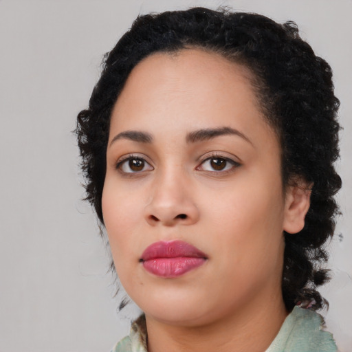 Neutral asian young-adult female with medium  black hair and brown eyes