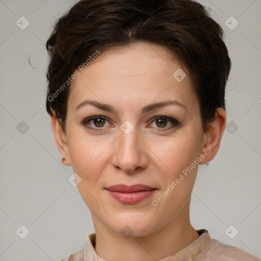 Joyful white young-adult female with short  brown hair and grey eyes