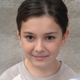 Joyful white child female with short  brown hair and brown eyes