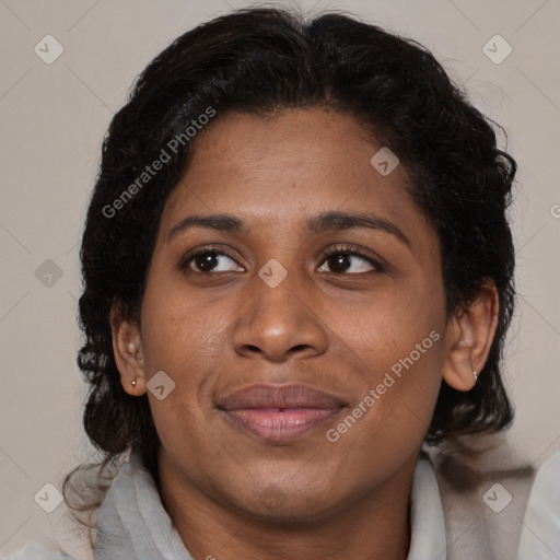 Joyful black adult female with medium  brown hair and brown eyes