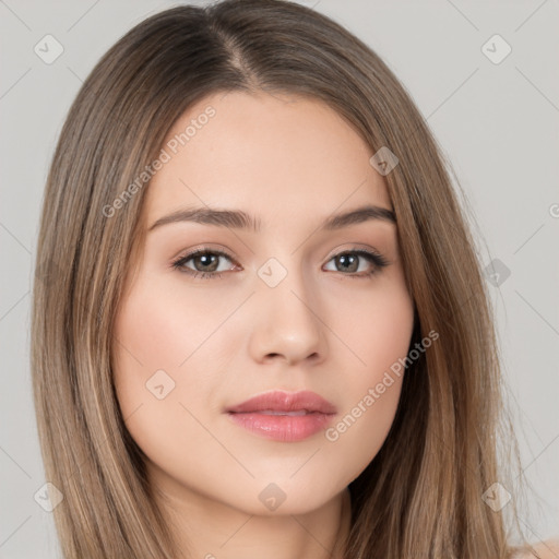 Neutral white young-adult female with long  brown hair and brown eyes