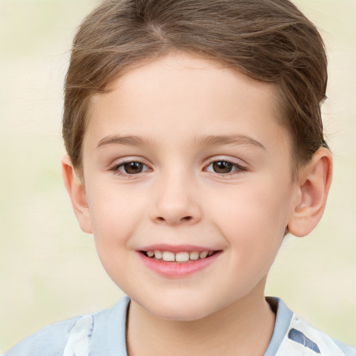 Joyful white child female with short  brown hair and brown eyes