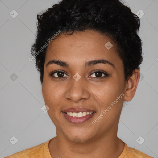 Joyful latino young-adult female with short  brown hair and brown eyes