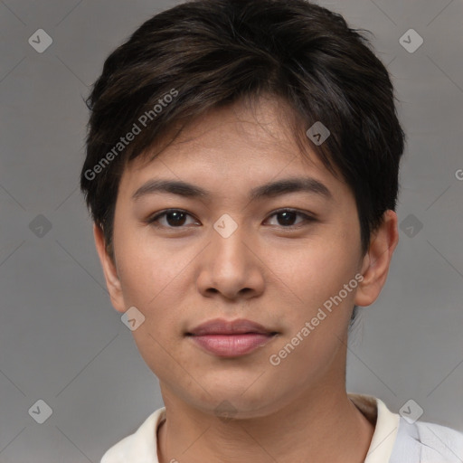 Joyful asian young-adult female with short  brown hair and brown eyes