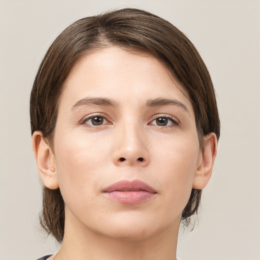 Neutral white young-adult female with medium  brown hair and brown eyes