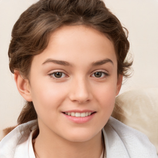 Joyful white child female with medium  brown hair and brown eyes