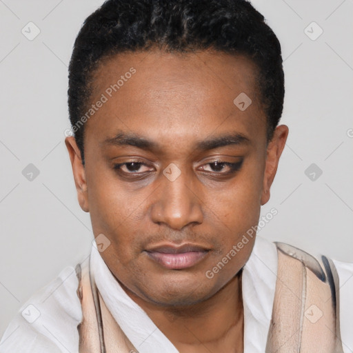 Neutral black young-adult male with short  black hair and brown eyes