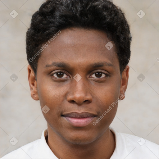 Joyful black young-adult male with short  brown hair and brown eyes