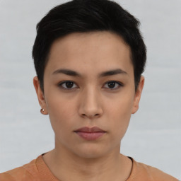 Neutral asian young-adult female with short  black hair and brown eyes