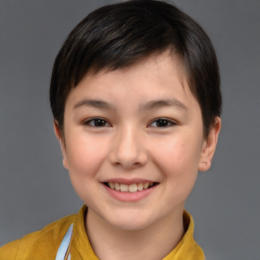 Joyful white child female with short  brown hair and brown eyes