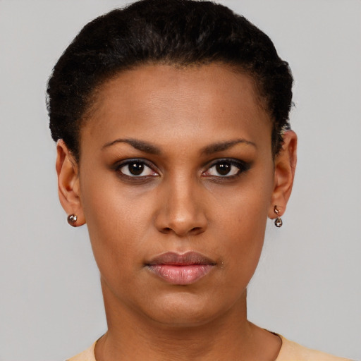 Neutral black young-adult female with short  black hair and brown eyes