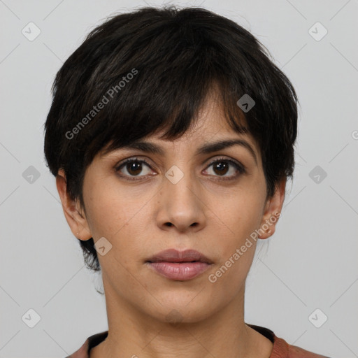 Neutral white young-adult female with short  brown hair and brown eyes