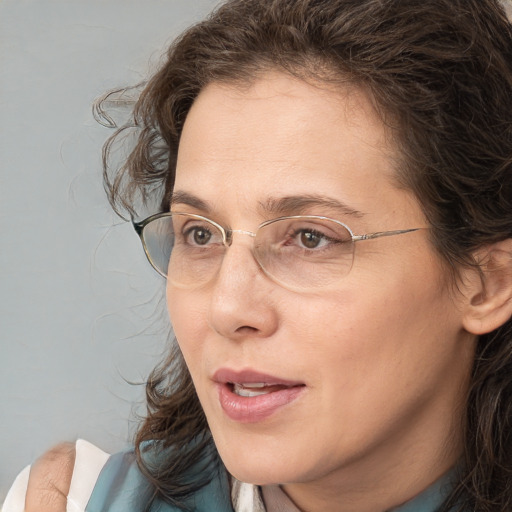 Neutral white adult female with medium  brown hair and brown eyes