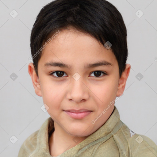 Joyful white child female with short  brown hair and brown eyes