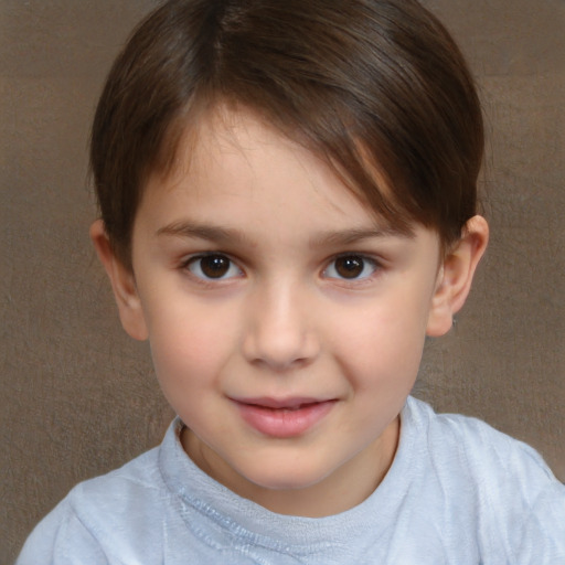 Joyful white child female with short  brown hair and brown eyes