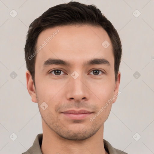 Neutral white young-adult male with short  brown hair and brown eyes