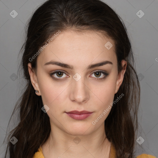 Neutral white young-adult female with medium  brown hair and brown eyes