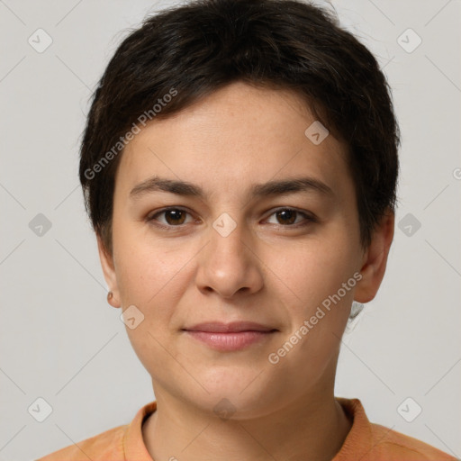 Joyful white young-adult female with short  brown hair and brown eyes