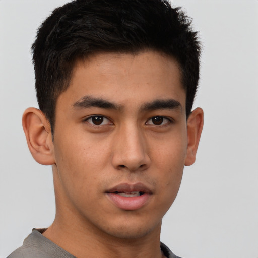 Neutral asian young-adult male with short  brown hair and brown eyes