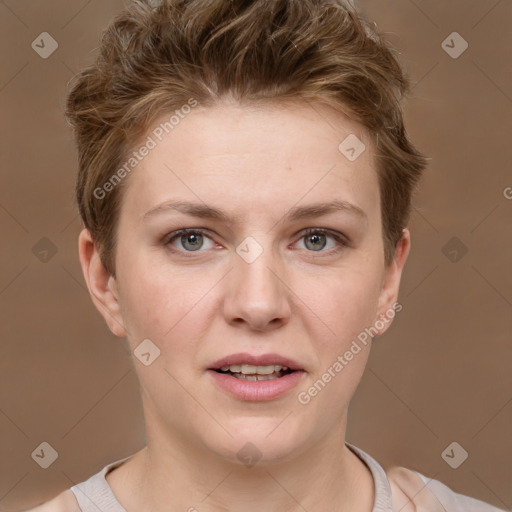 Joyful white young-adult female with short  brown hair and grey eyes