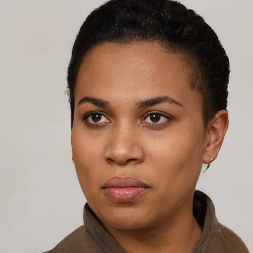 Neutral black young-adult female with short  black hair and brown eyes