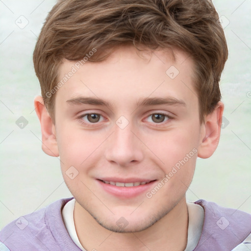 Joyful white child male with short  brown hair and grey eyes